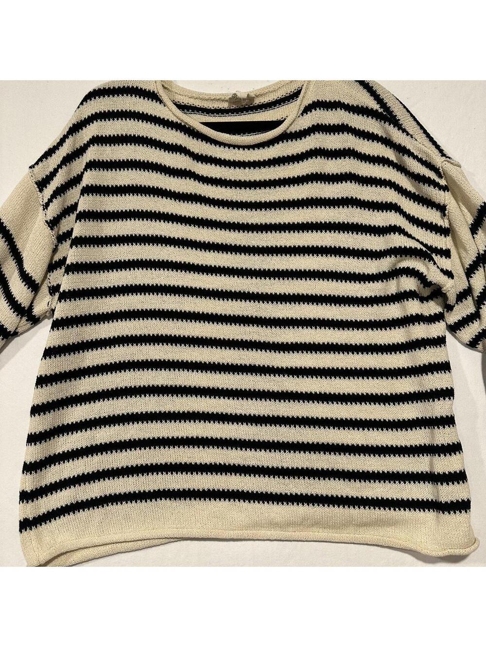 Bibi Cream and navy striped summer time boho sweater, Size M